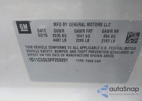 2015 Chevrolet Malibu 1Lt from USA, damaged, VIN 1G11C5SL5FF259291